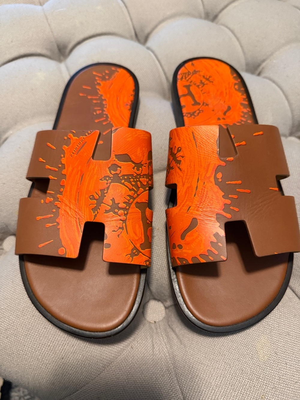 Hermes Brown and Orange Oran Slider Sandals